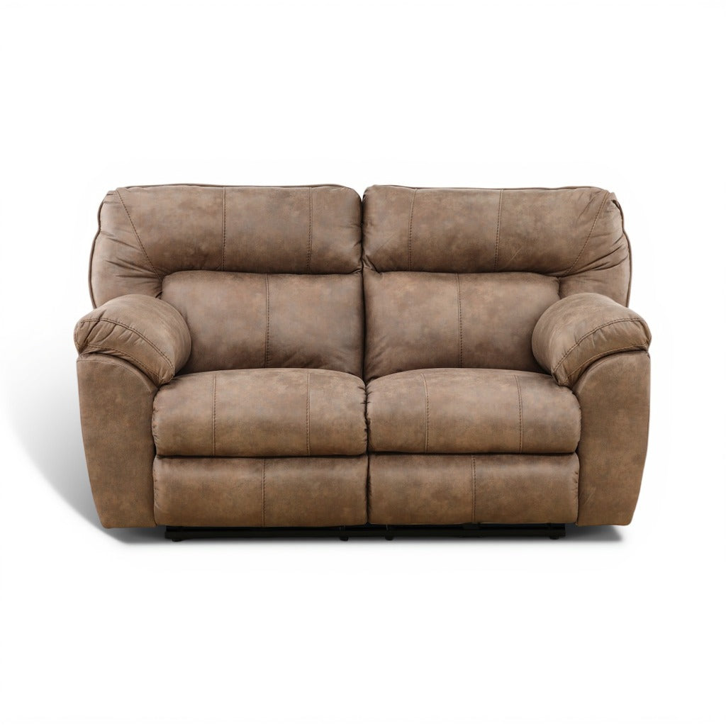 Brown power reclining loveseat, front view with two seat cushions