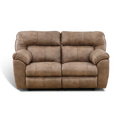 Brown power reclining loveseat, front view with two seat cushions