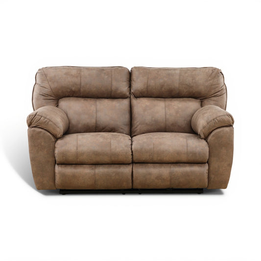 Brown power reclining loveseat, front view with two seat cushions
