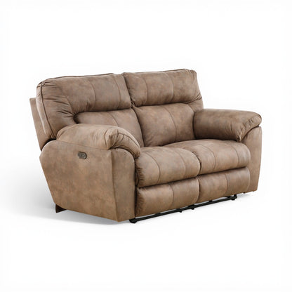 Brown power reclining loveseat with extended footrest, angled view