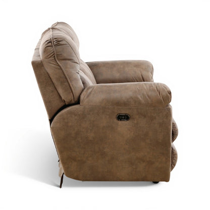 Brown power reclining loveseat with padded arms and headrest, side view