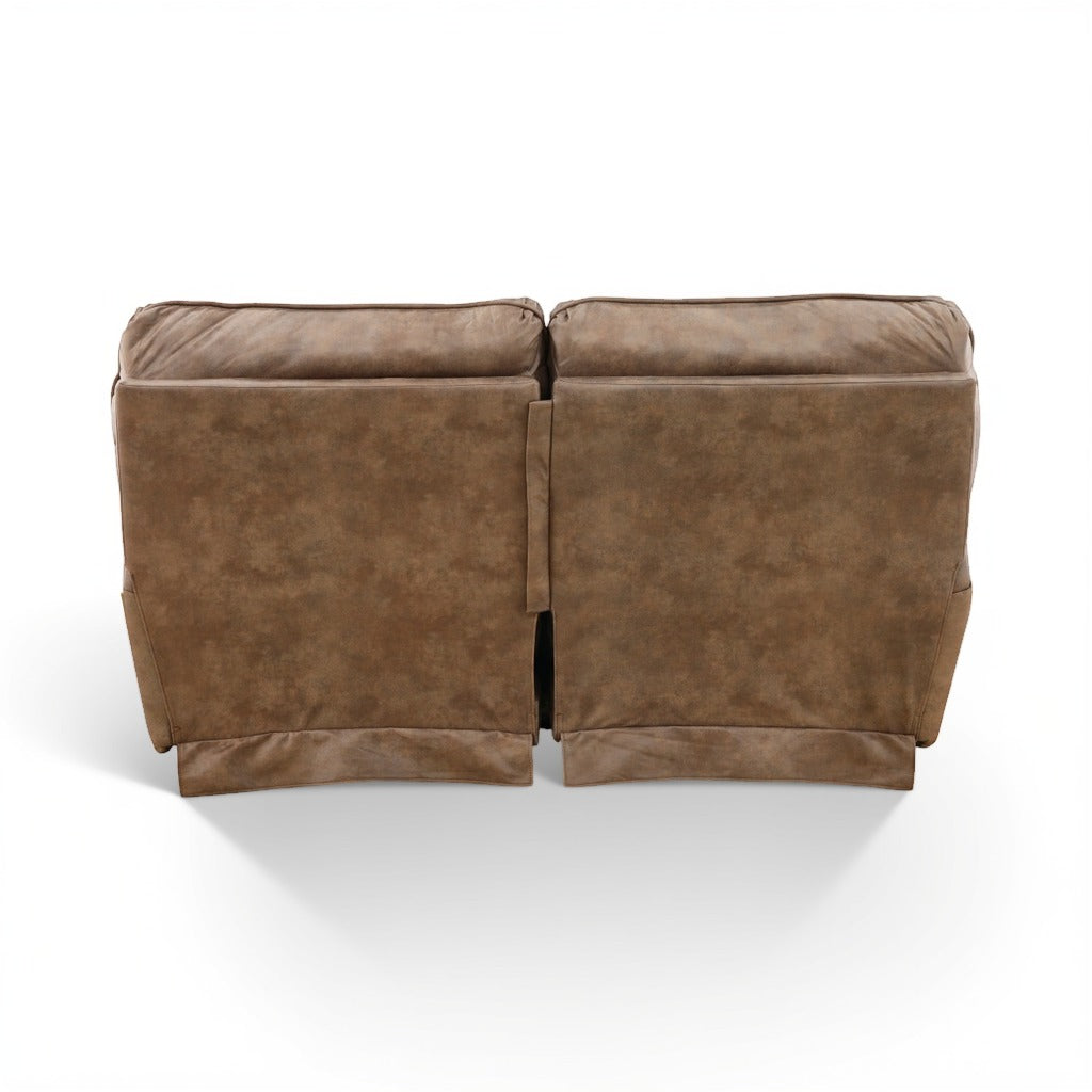 Brown power reclining loveseat back view with split center seam