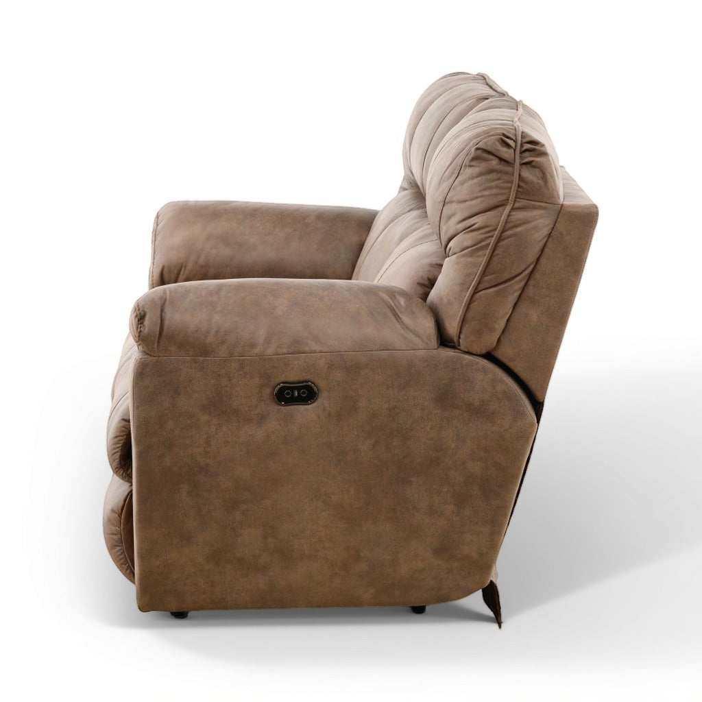 Brown power reclining loveseat close side view with arm controls