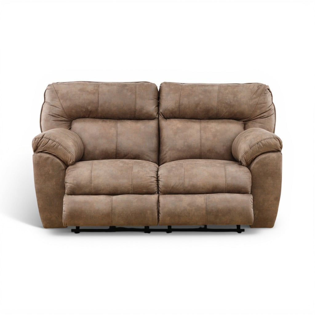 Brown power reclining loveseat front view with two seat cushions