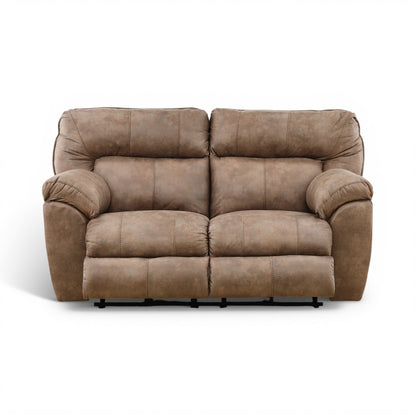 Brown power reclining loveseat front view with two seat cushions