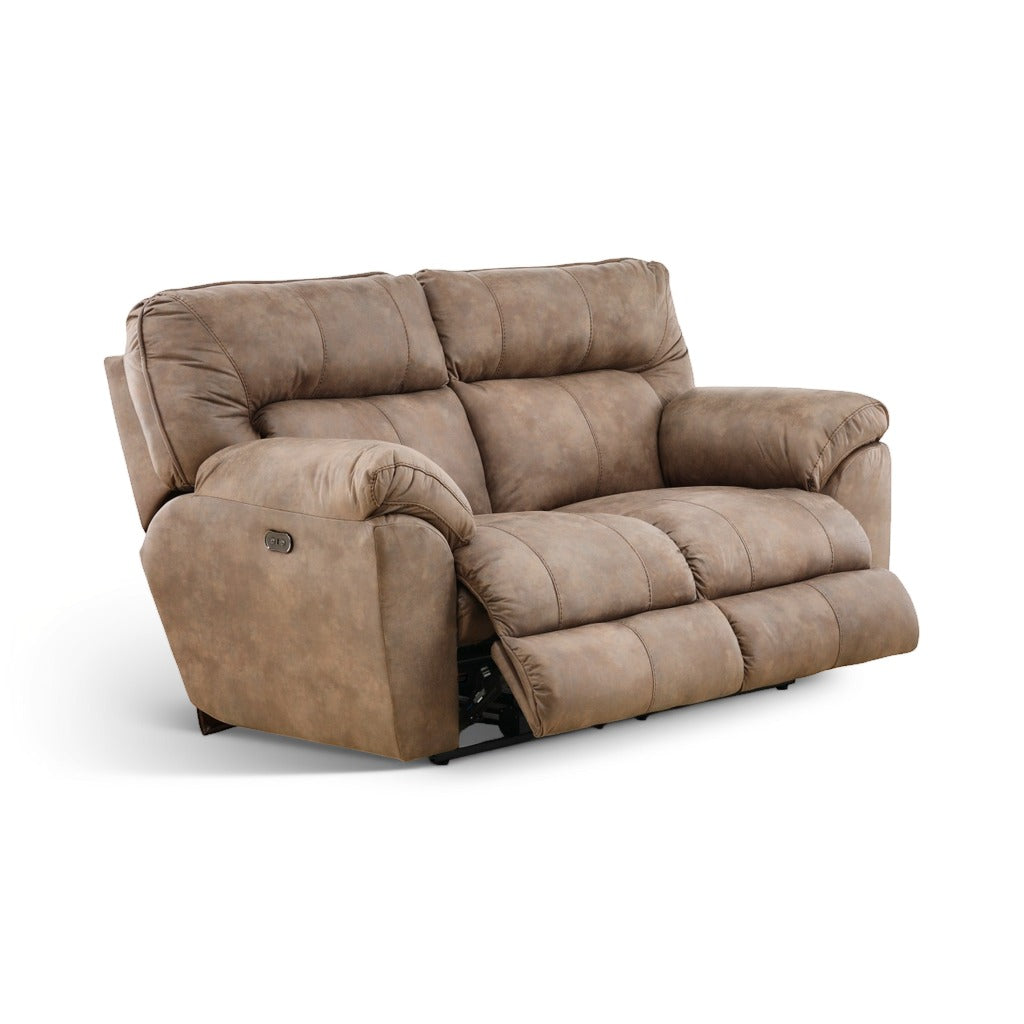 Brown power reclining loveseat with open footrest position