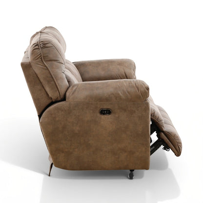 Brown power reclining loveseat side view with recline lever and footrest