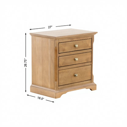 Light wood nightstand with three drawers and round metal knobs