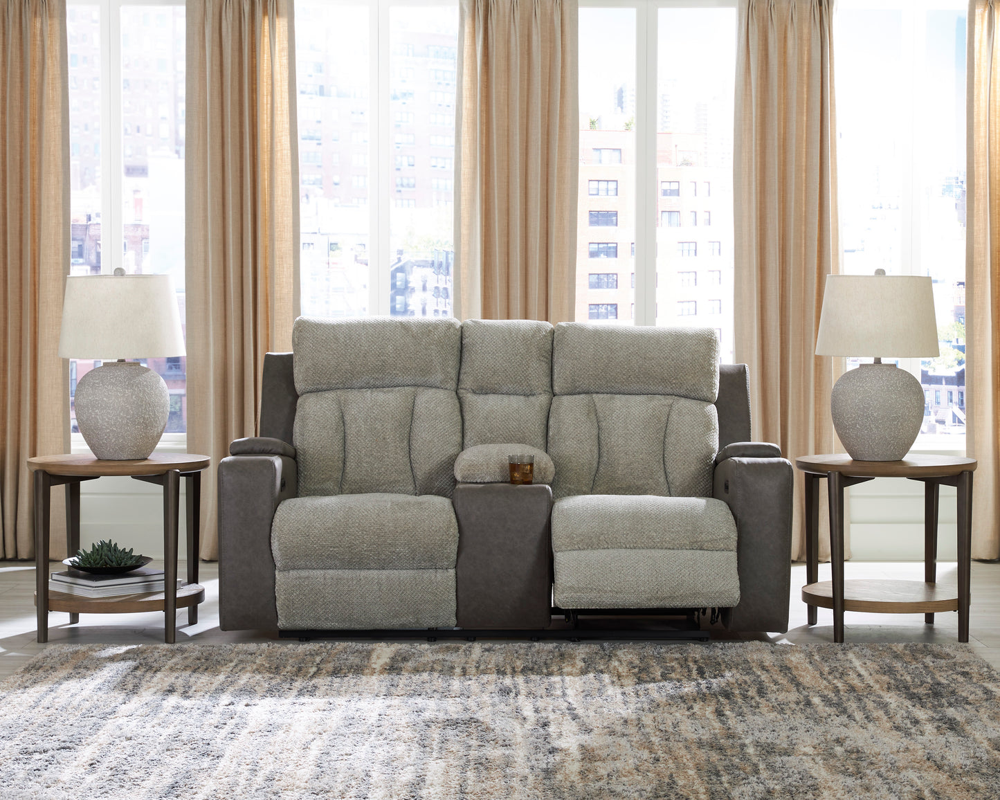 Stately Check Power Reclining Console Loveseat