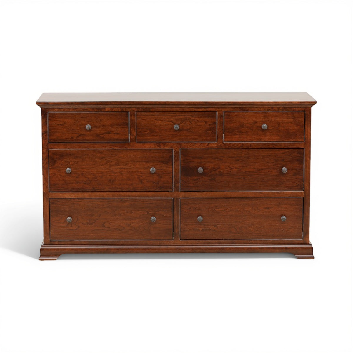 Brown wooden dresser with eight drawers and round metal knobs, rectangular top
