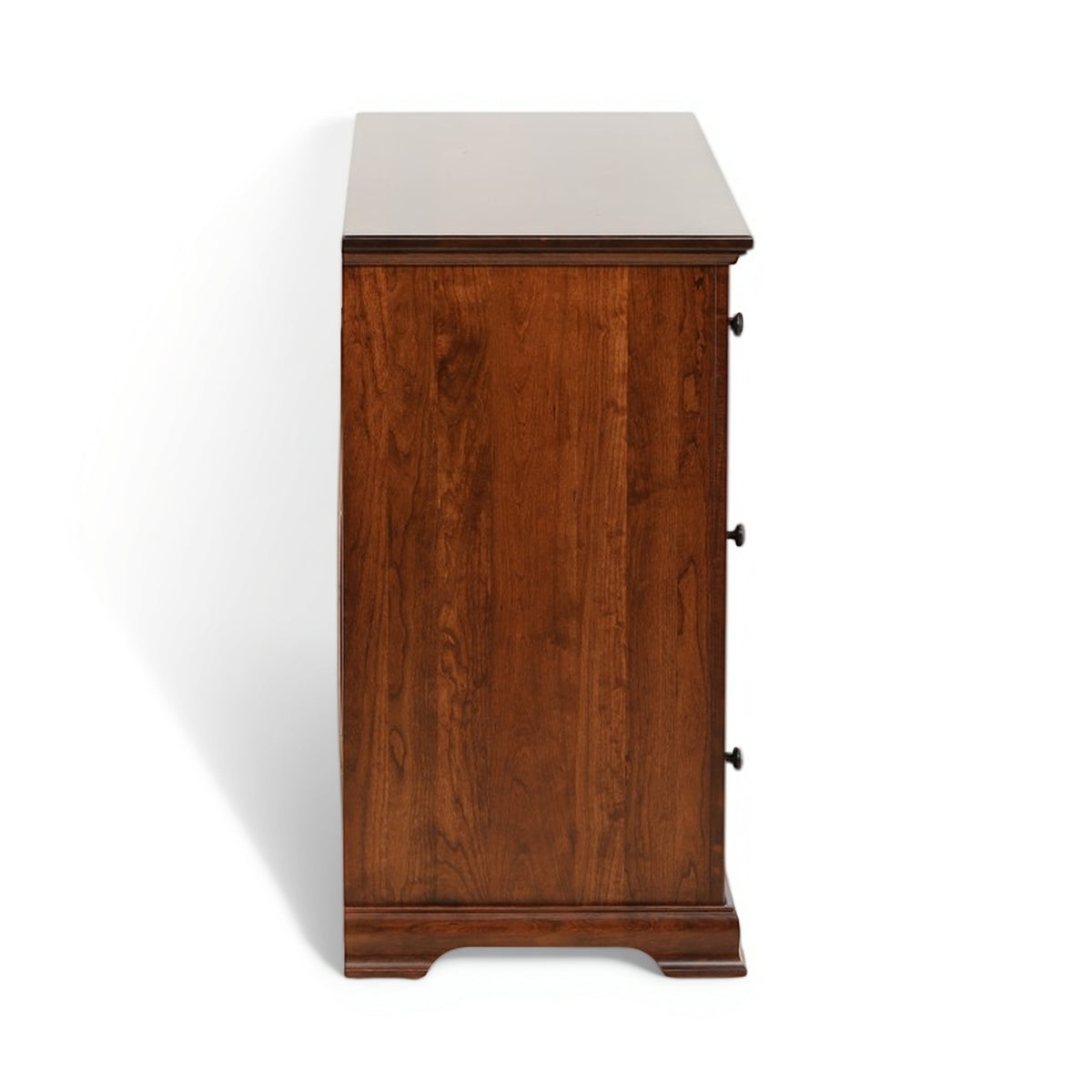 Brown wooden dresser side panel with top surface and decorative legs