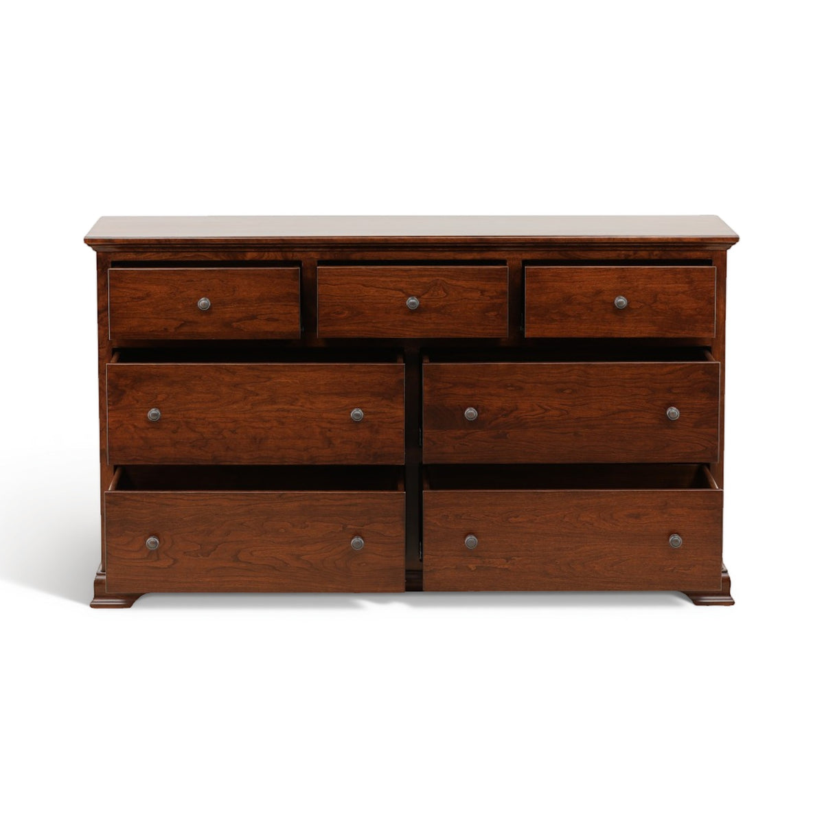 Brown wooden dresser with six drawers and round knob hardware, front view