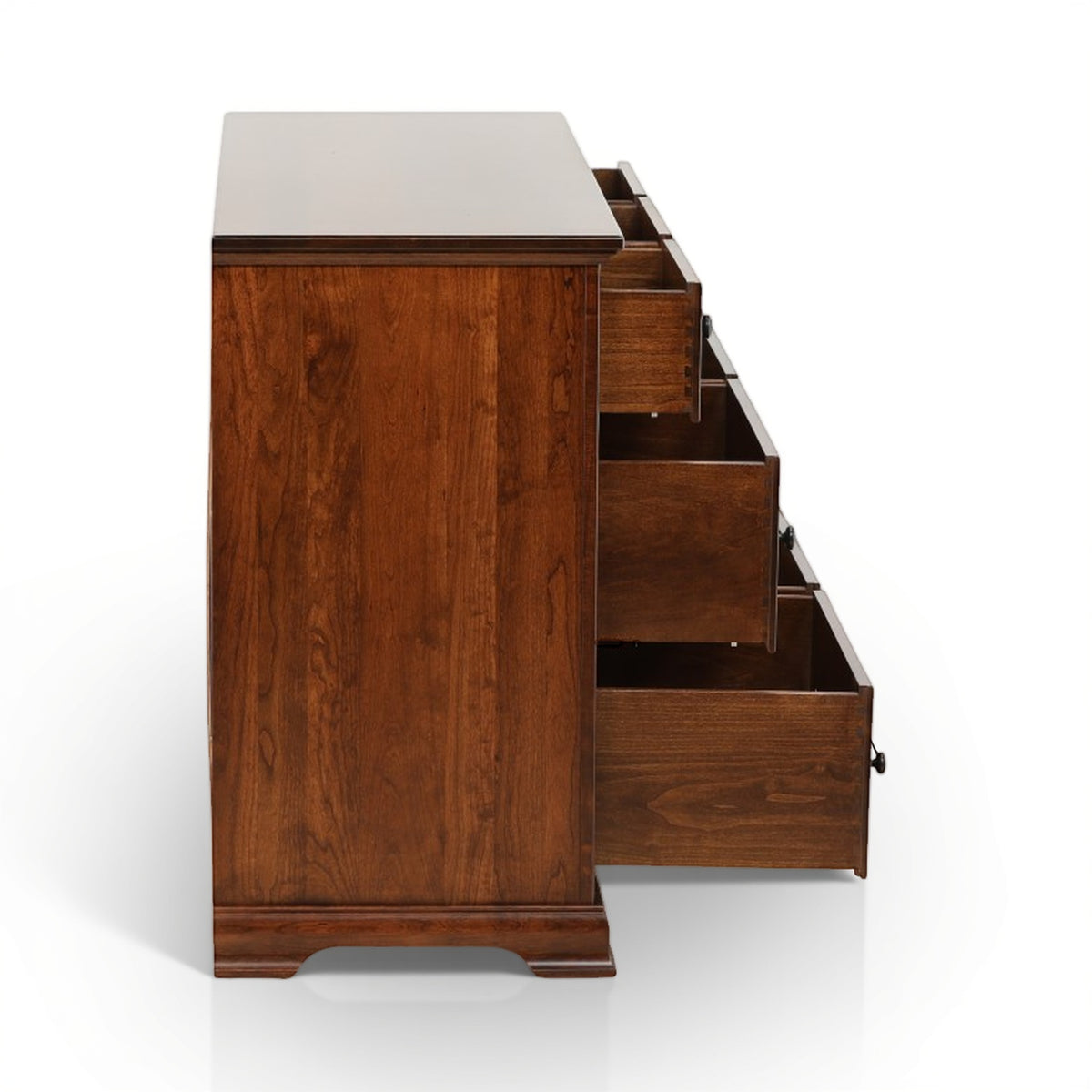 Brown wooden dresser side with drawers pulled open and metal pulls