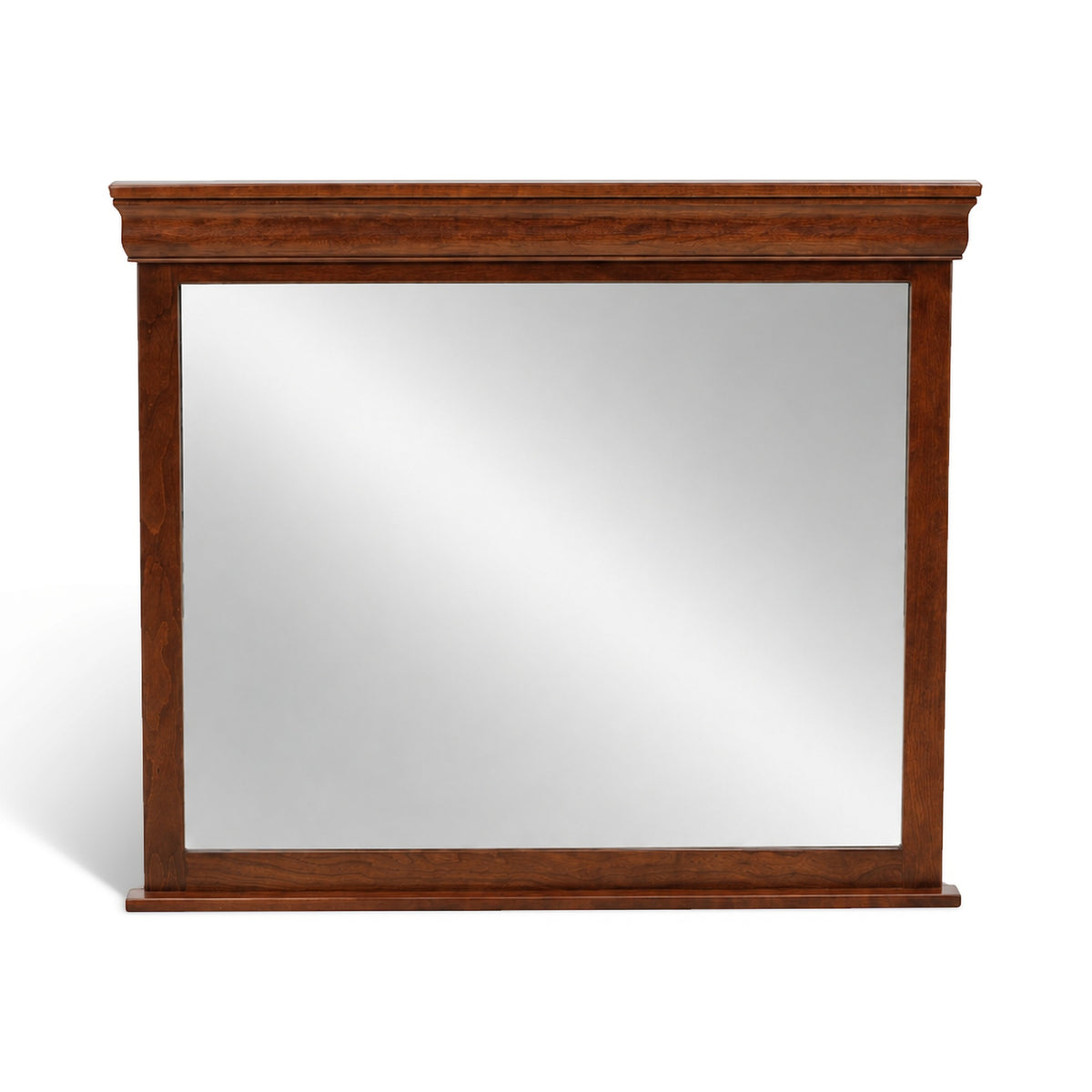 Beveled bedroom mirror with dark wood frame and rectangular glass