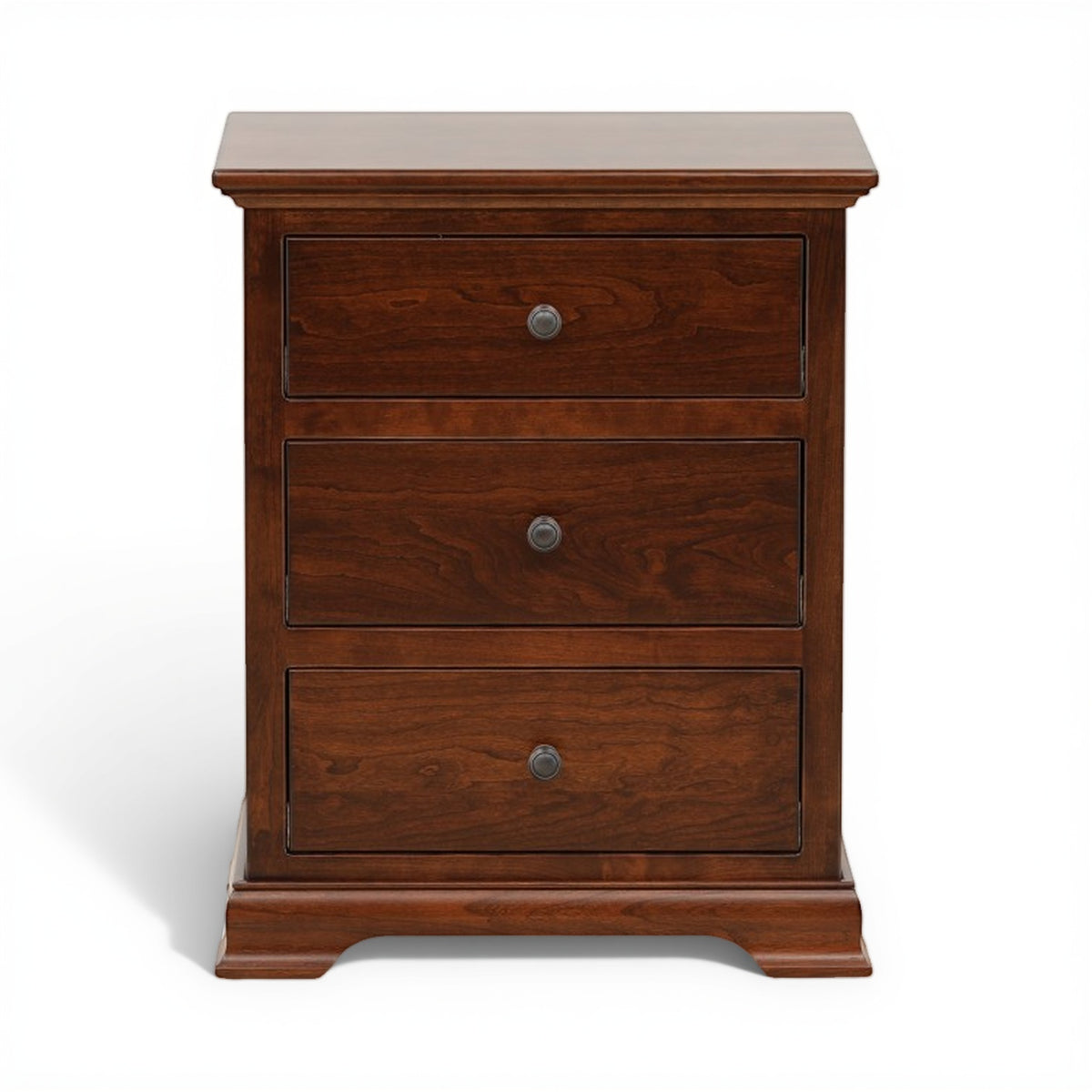 Brown wood nightstand with three drawers and round metal knobs, closed front view
