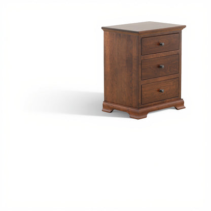 Brown wood nightstand with three drawers and metal knobs, side view