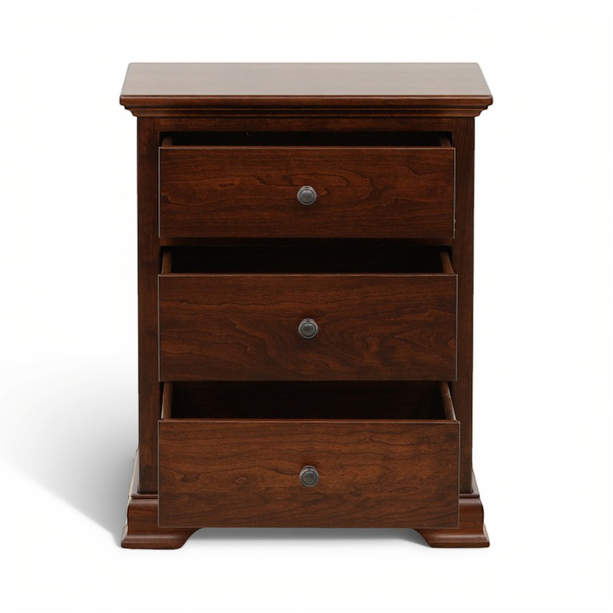 Brown wood nightstand with three open drawers and round metal knobs