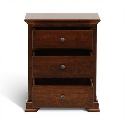 Brown wood nightstand with three open drawers and round metal knobs