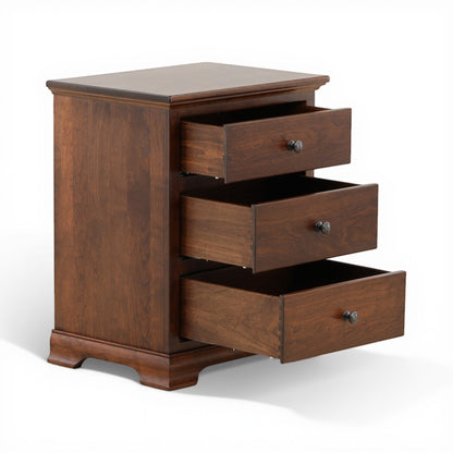 Brown wood nightstand with three drawers pulled open, showing drawer interiors