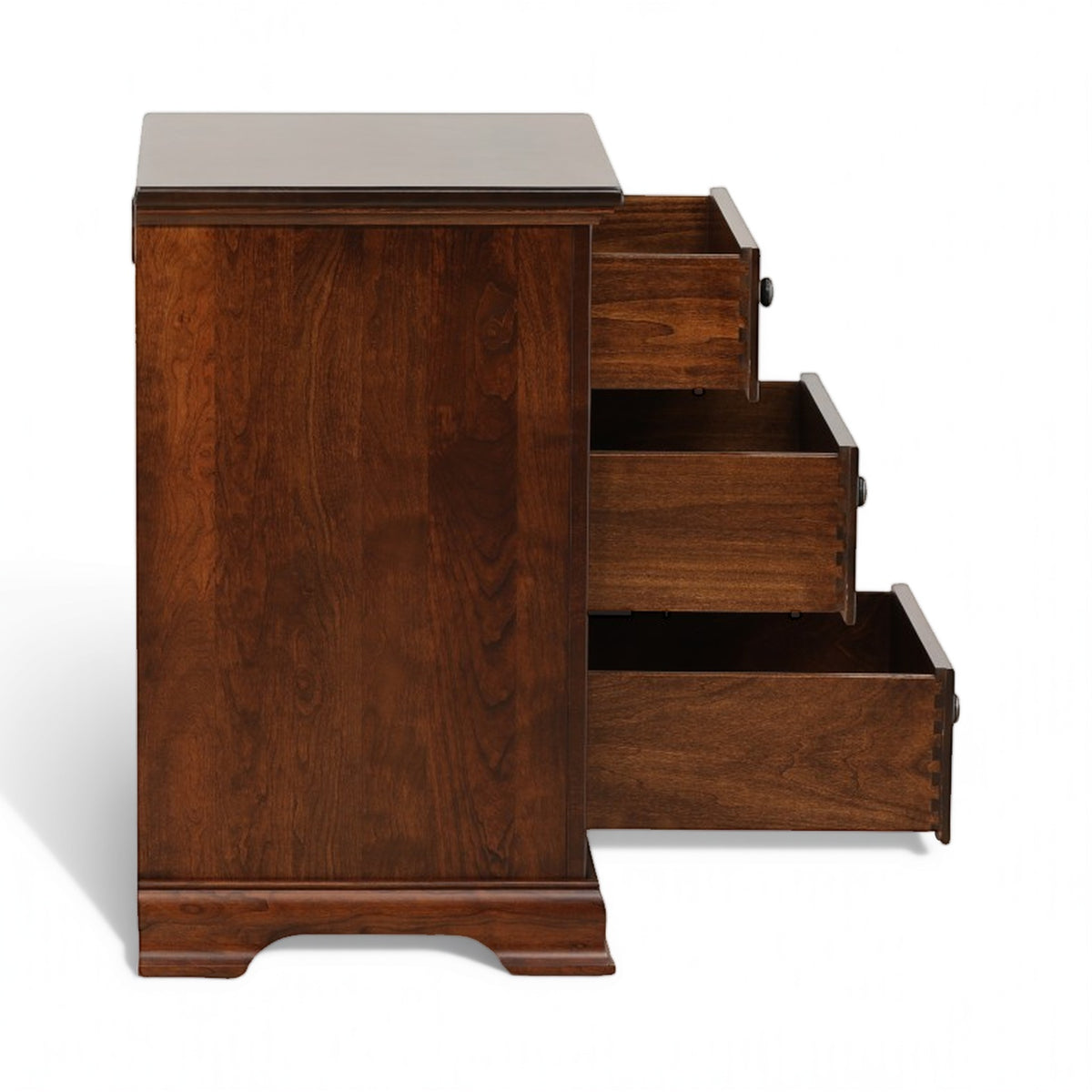 Brown wood nightstand with side drawers open to show inner storage