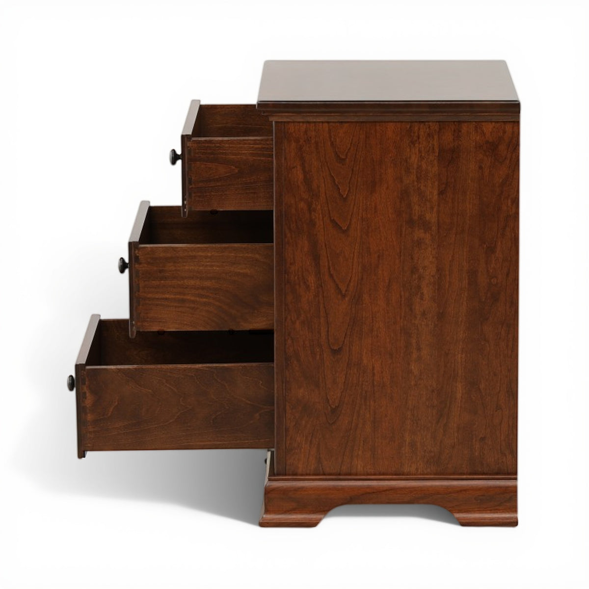 Brown wood nightstand with drawers open on the side, revealing compartments