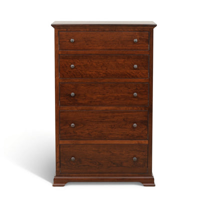Wooden chest of drawers with five drawers and round metal knobs