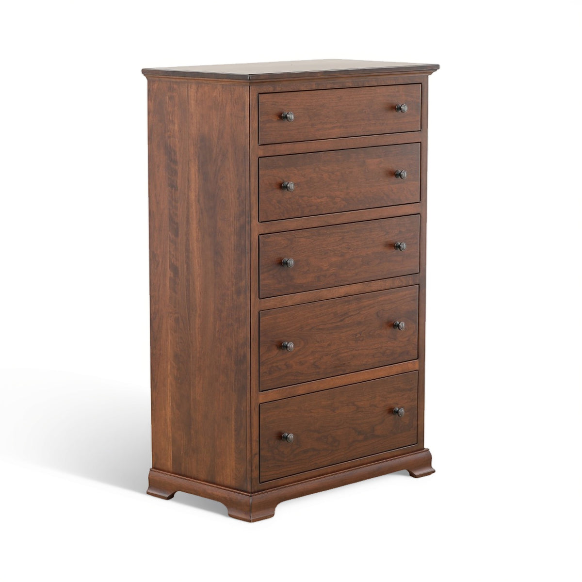 Wooden chest of drawers with multiple drawers and round metal knobs
