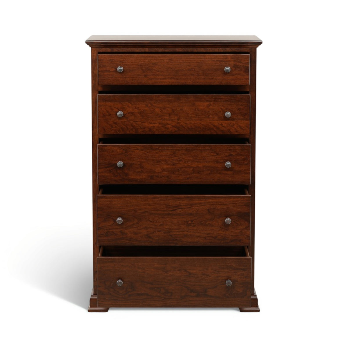 Wooden chest of drawers with four lower drawers and round metal knobs