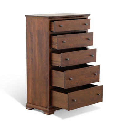 Wooden chest of drawers with open drawers and round metal knobs