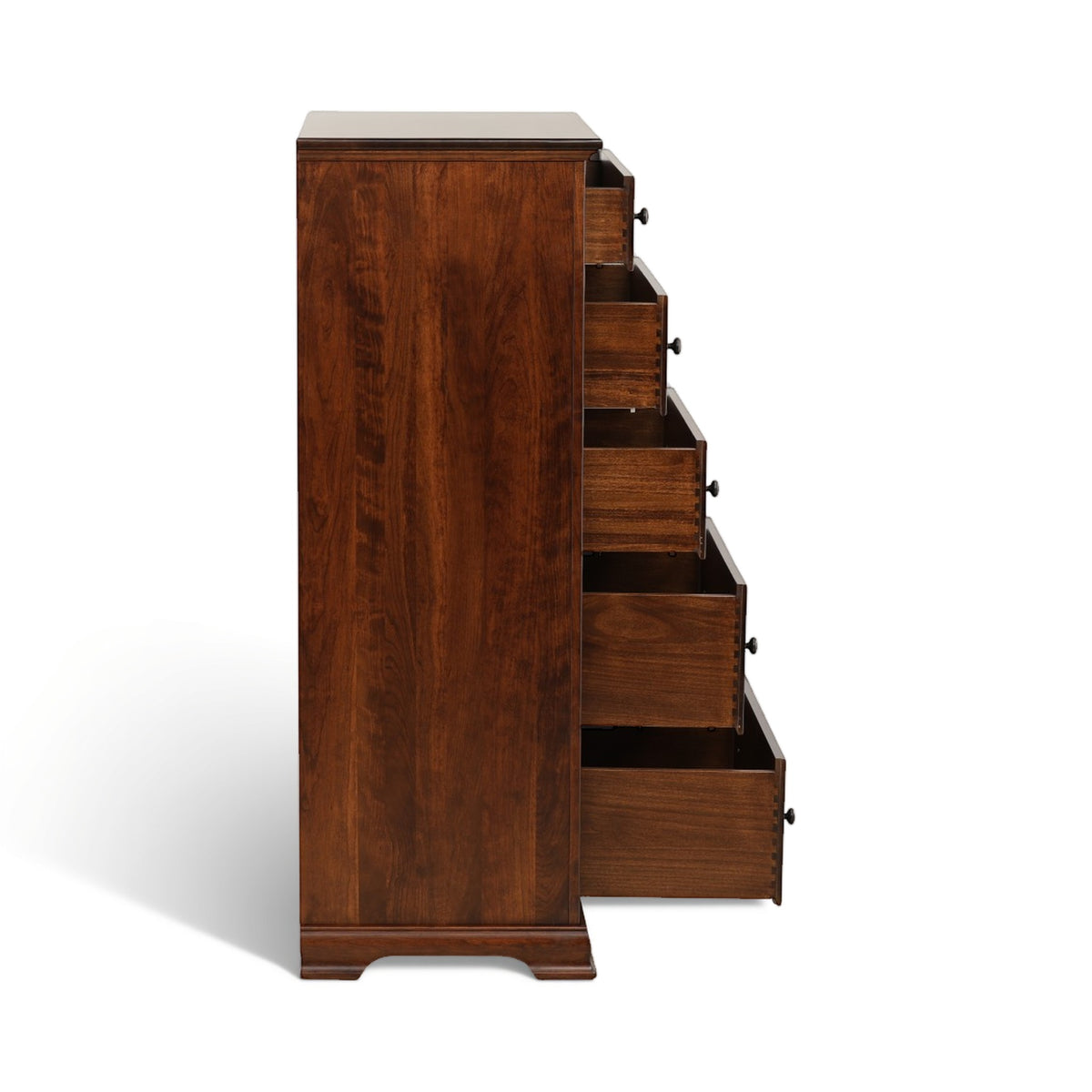 Wooden chest of drawers with side view and partially open drawers