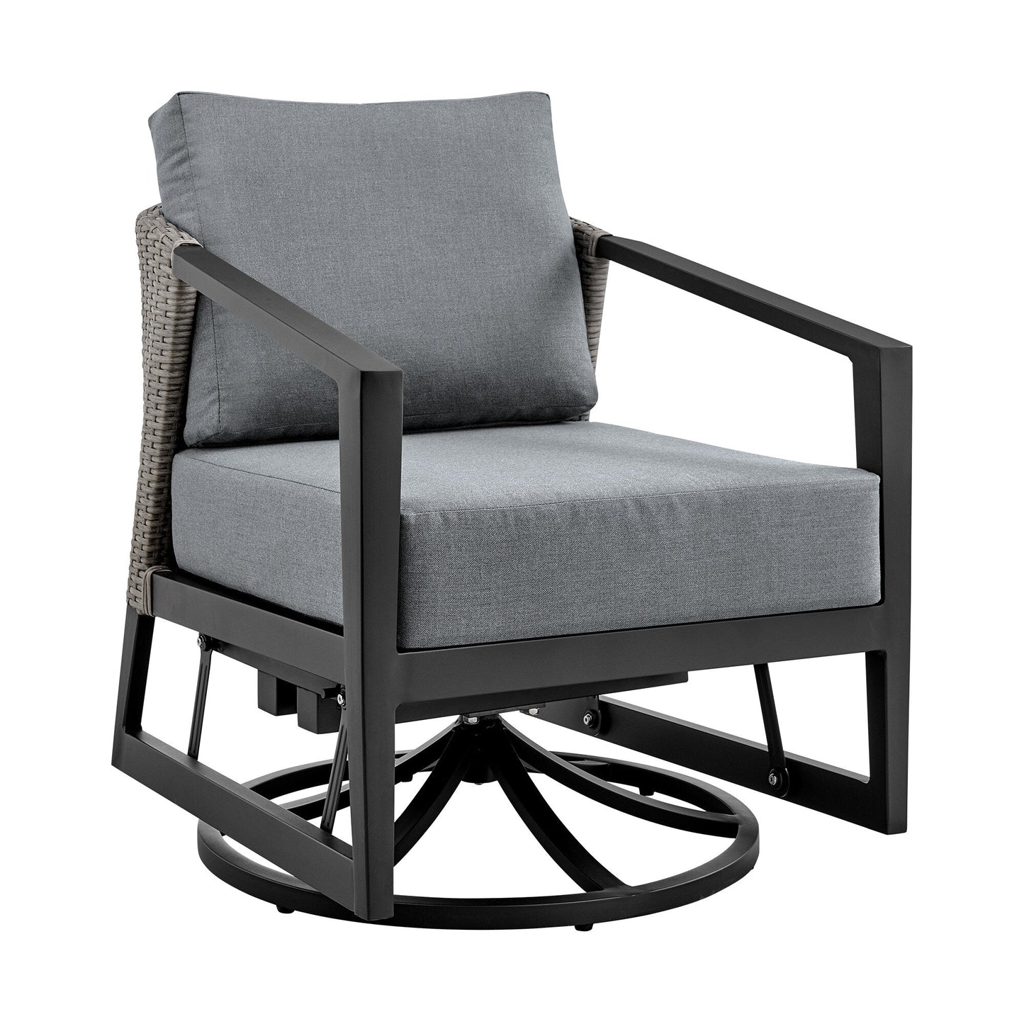 Aileen 3 Piece Patio Outdoor Swivel Seating Set in Black Aluminum with Gray Wicker and Cushions