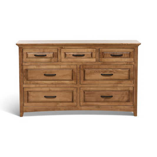 Wood dresser with seven drawers and black bar pulls, light oak finish.