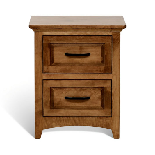 Wooden nightstand with two drawers, top drawer in view, dark metal bar pulls