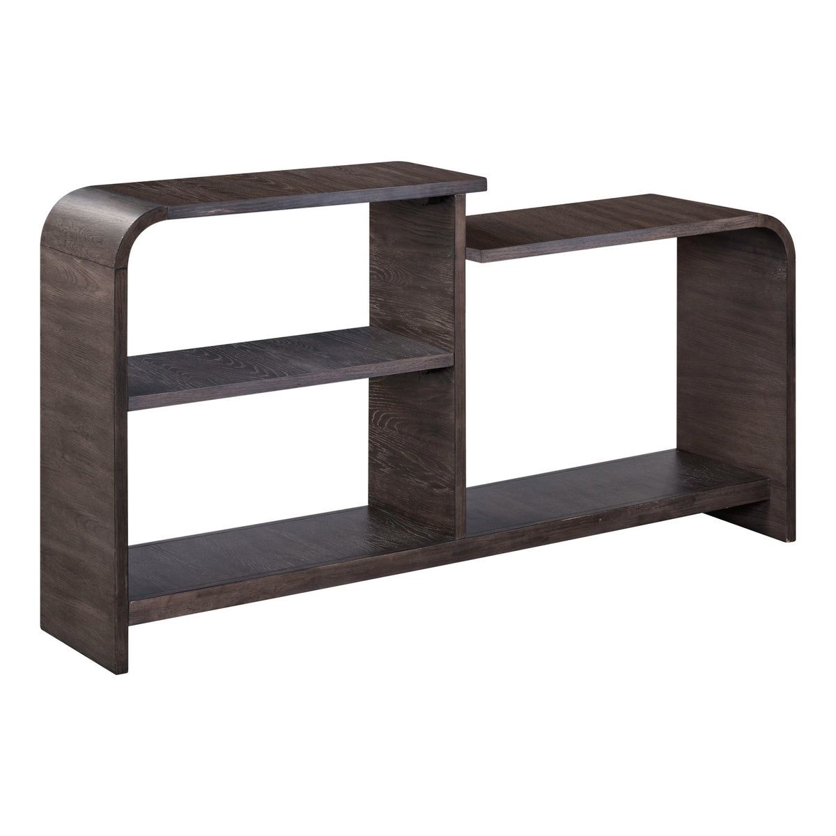 Dark wood sofa table with open shelves and rounded corner edges