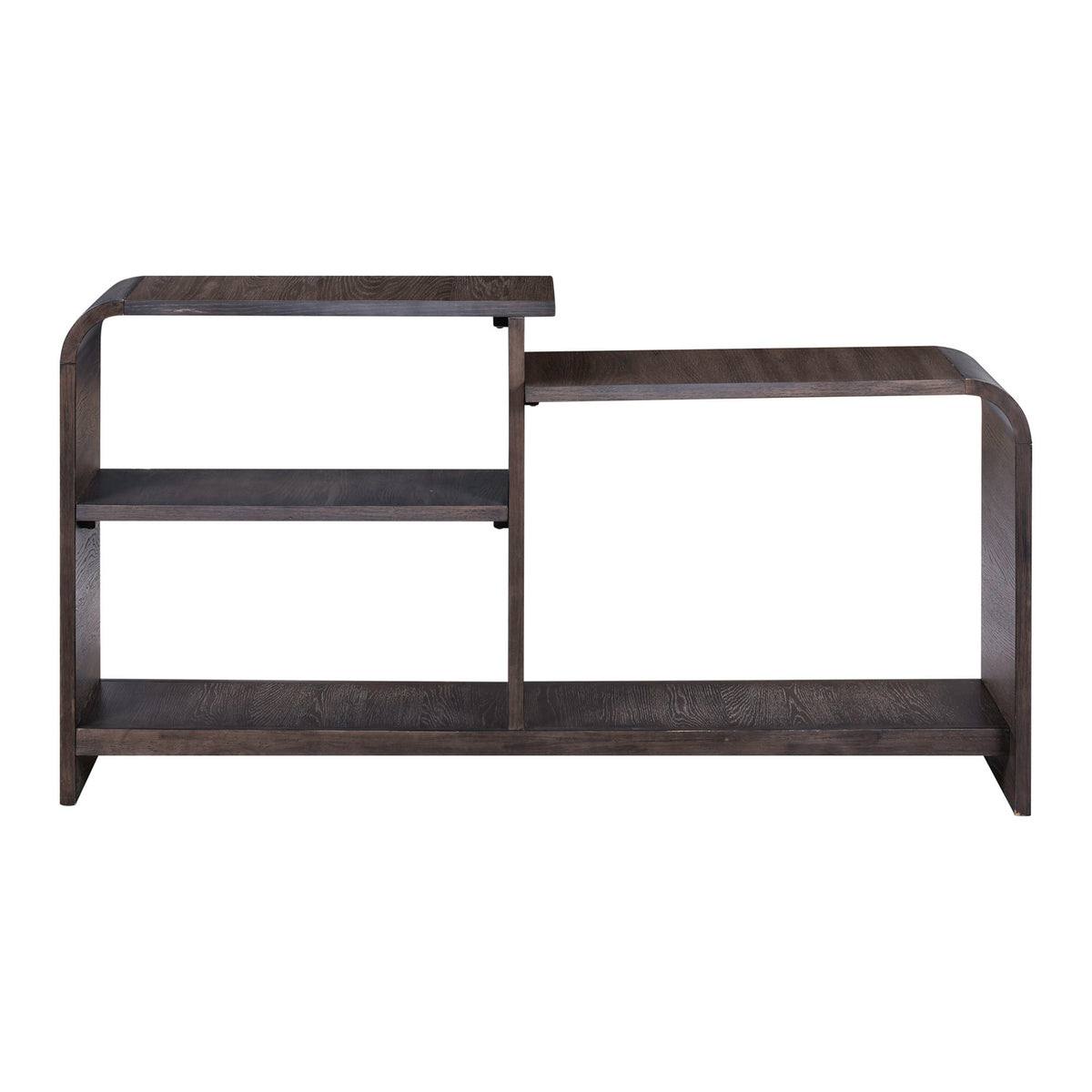 Dark wood sofa table with two open shelf compartments and curved frame