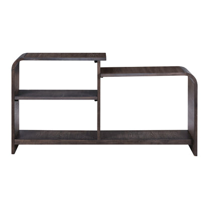 Dark wood sofa table with two open shelf compartments and curved frame