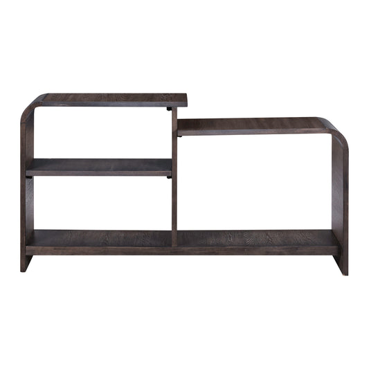 Dark wood sofa table with two open shelf compartments and curved frame