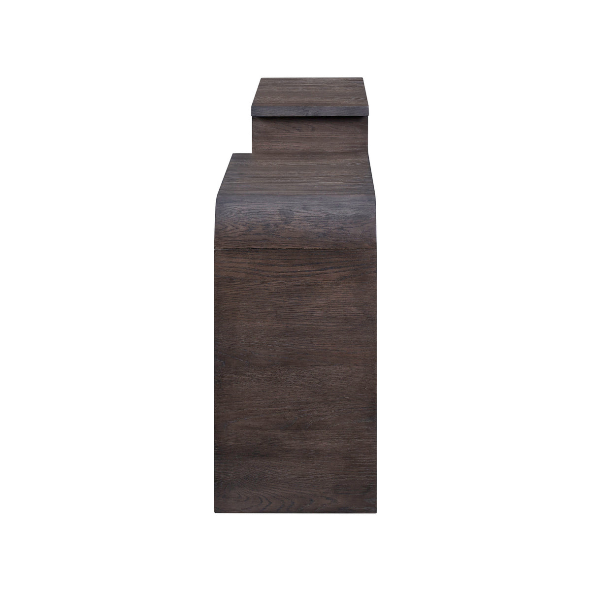Dark wood sofa table end panel with stepped top and smooth rounded edges