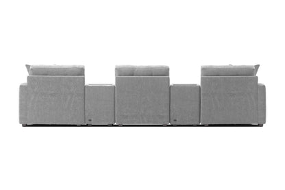 Modular theater sectional with dual chaises, light gray upholstery, front row of back panels.