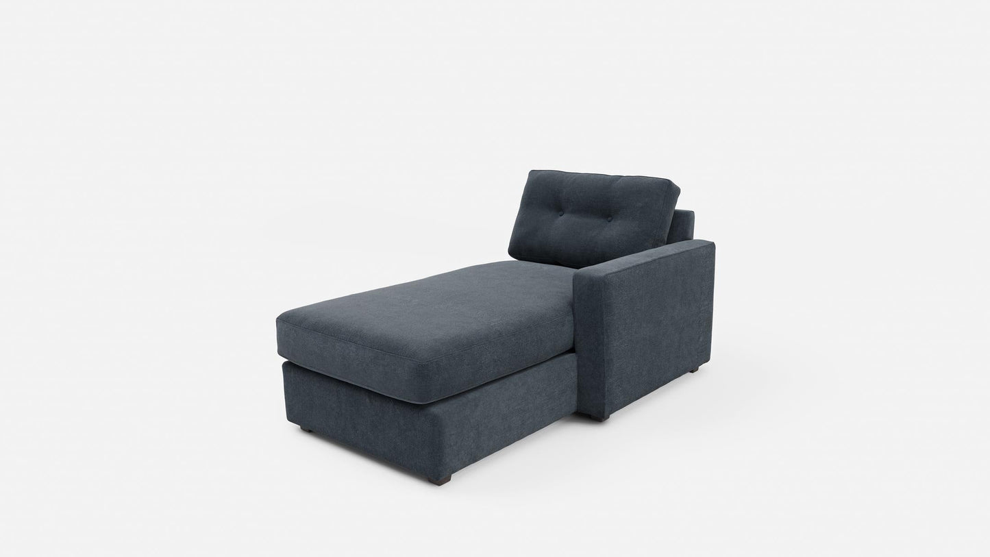 Dark navy modular one-chaise sectional chaise with angled seat and side arm