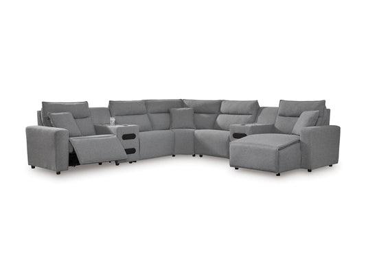 Ashley ModMax II 7-Piece Next-Gen Nuvellaâ„¢ Performance Fabric Dual Power Reclining Modular Sectional with Chaise and Audio Consoles Right-Facing