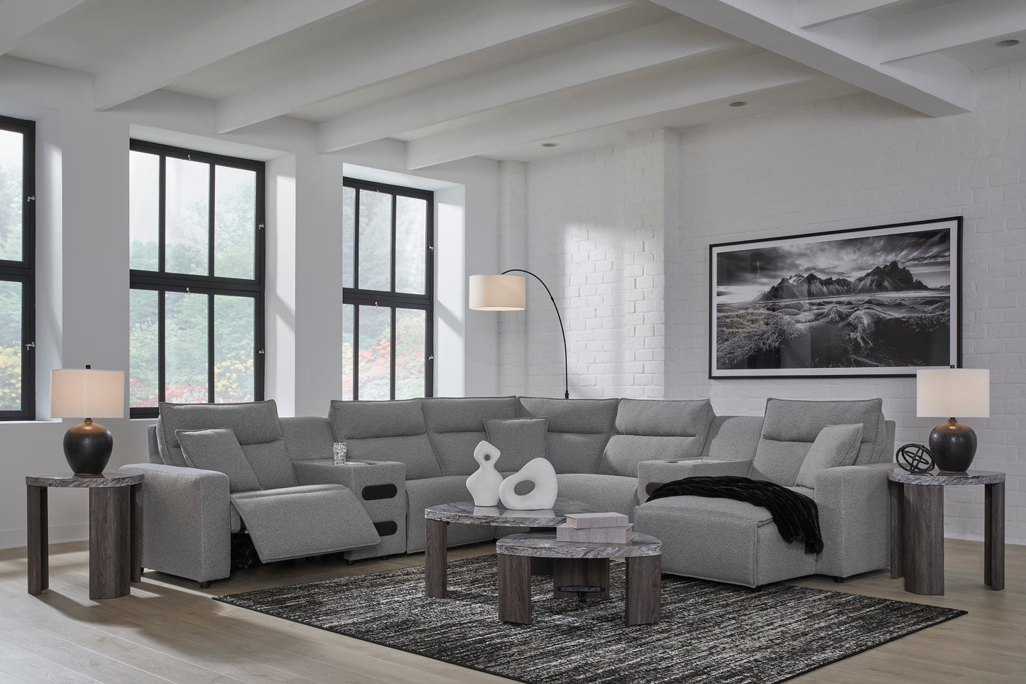 Ashley ModMax II 7-Piece Next-Gen Nuvellaâ„¢ Performance Fabric Dual Power Reclining Modular Sectional with Chaise and Audio Consoles