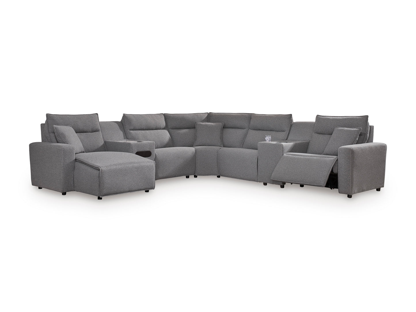 Gray modular sectional sofa with chaise and multiple recliner seats, cushioned arms