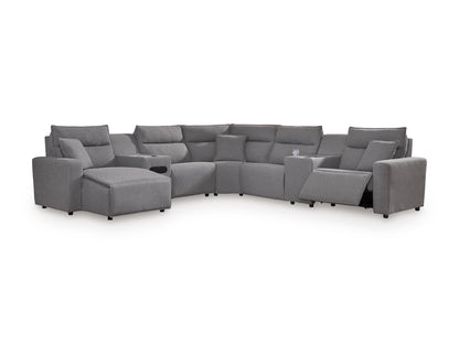 Gray modular sectional sofa with chaise and multiple recliner seats, cushioned arms