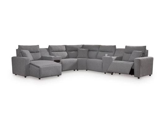 Gray modular sectional sofa with chaise and multiple recliner seats, cushioned arms