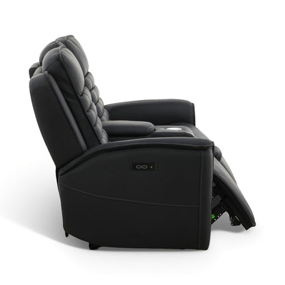 Black leather power loveseat reclined with padded headrest and visible control panel