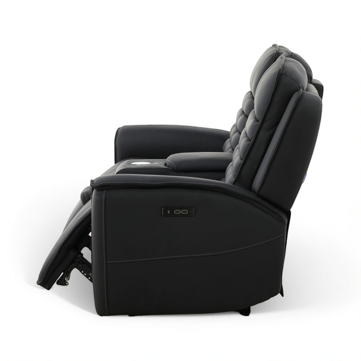 Black leather power loveseat reclined with control panel on the side panel and armrest