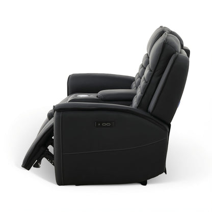 Black leather power loveseat reclined with control panel on the side panel and armrest