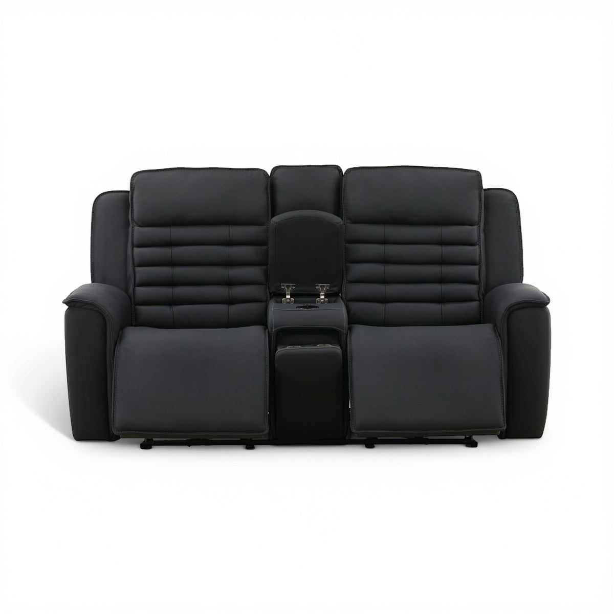 Black leather power console loveseat front view with center divider and padded armrests