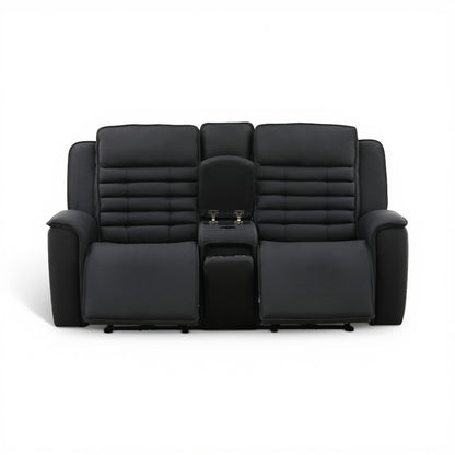 Black leather power console loveseat front view with center divider and padded armrests